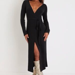 Lulu’s Elegant Black Ribbed Surplice Wrap Midi Sweater Dress